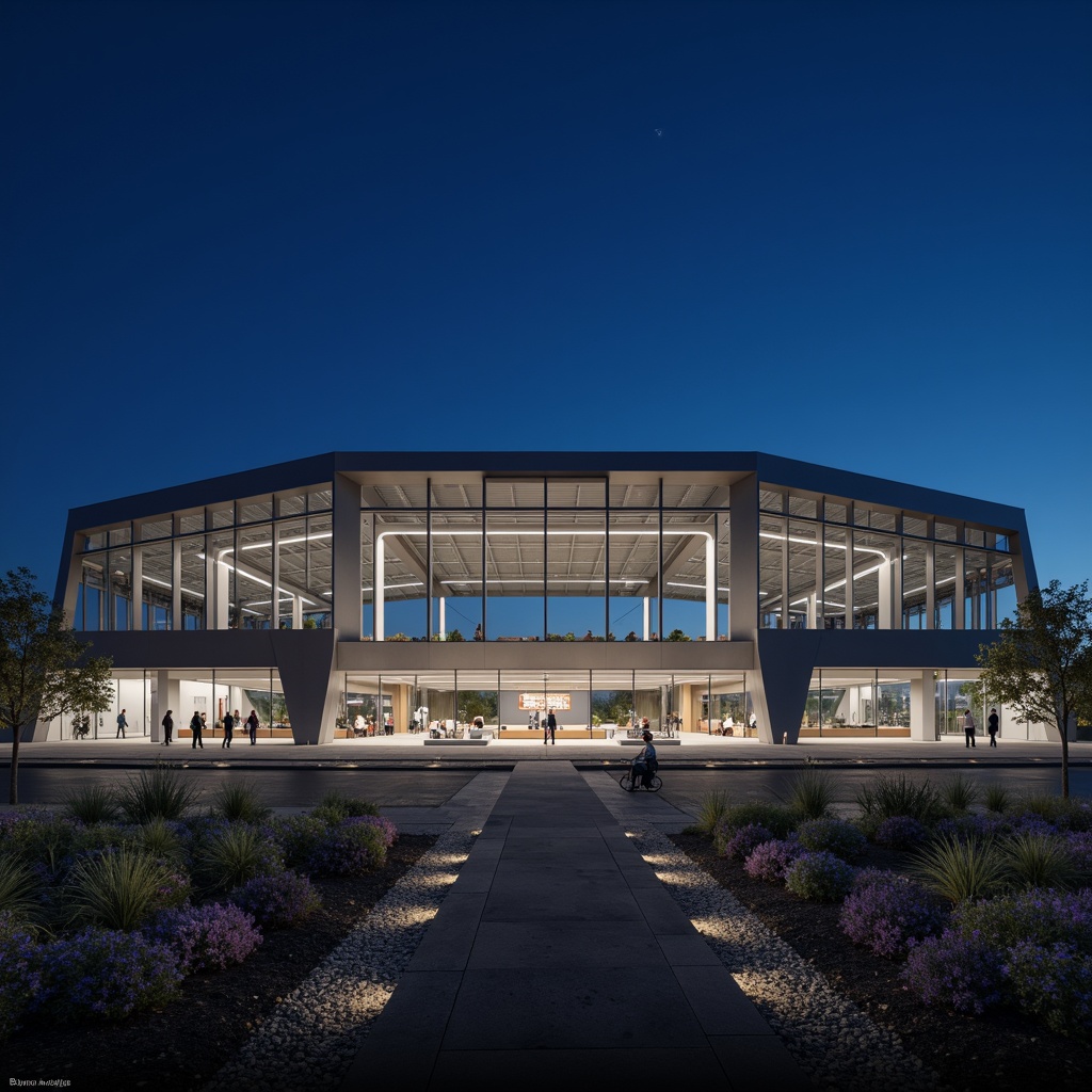 Prompt: Simple stadium exterior, minimalist aesthetic, clean lines, monochromatic color scheme, sleek metal fa\u00e7ade, perforated aluminum panels, LED lighting strips, cantilevered roofs, angular shapes, geometric patterns, open-air concourses, vast empty spaces, low-maintenance landscaping, gravel walkways, modern sports facilities, retractable seating systems, floodlighting, dramatic nighttime illumination, shallow depth of field, 1/1 composition, symmetrical framing, realistic reflections, ambient occlusion.