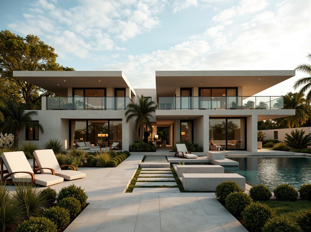 Prompt: Villa facade, modernist architecture, clean lines, rectangular forms, flat roofs, cantilevered structures, open floor plans, minimalist decor, natural stone walls, large windows, sliding glass doors, private courtyards, lush greenery, geometric gardens, symmetrical compositions, 3/4 aspect ratio, low-angle shots, warm golden lighting, soft focus, atmospheric perspective, cinematic depth of field.