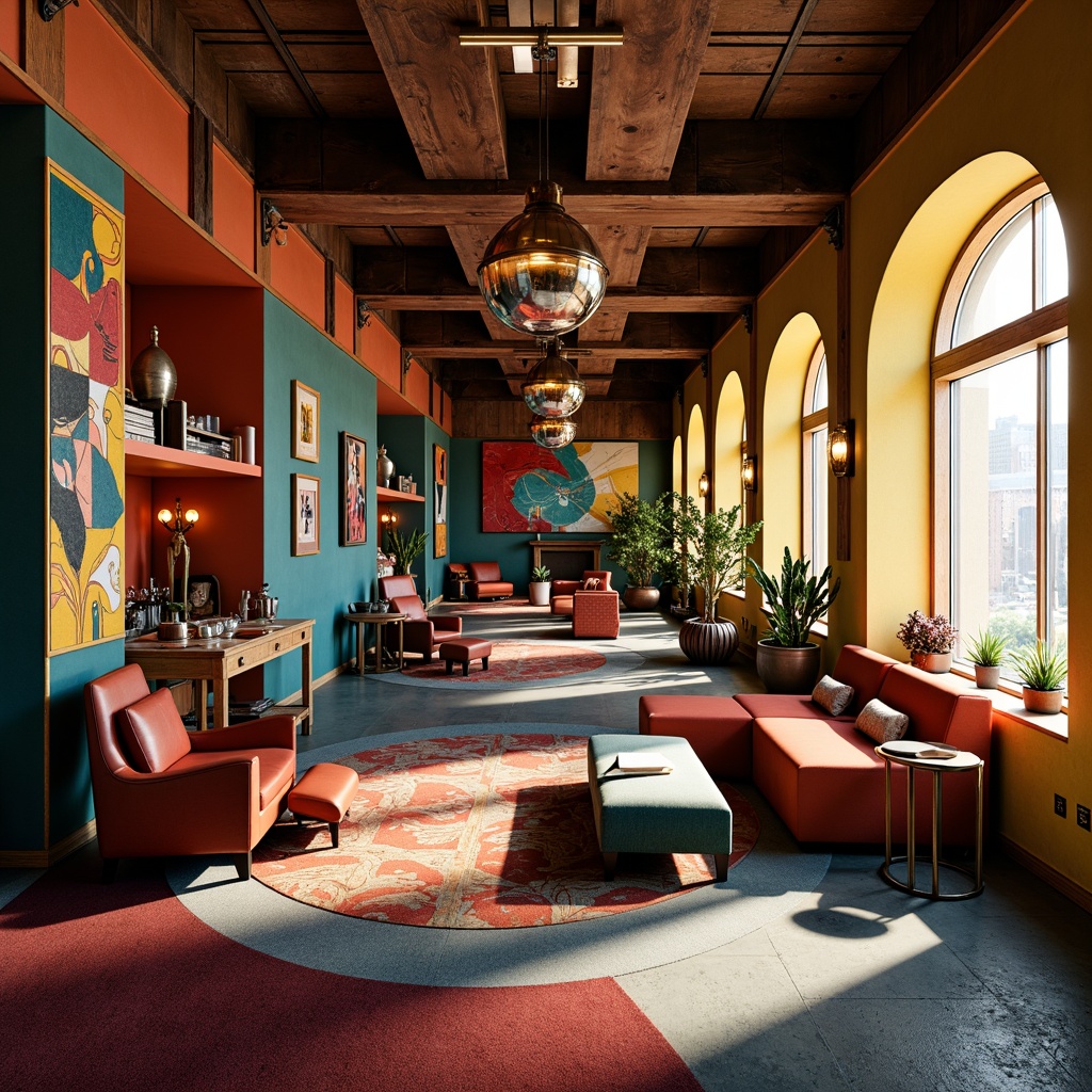 Prompt: Eclectic postmodern interior, bold color blocking, irregular shapes, mixed patterns, vintage furniture, ornate decorations, abstract artwork, statement lighting fixtures, curved lines, fragmented forms, playful textures, juxtaposed materials, rich fabrics, metallic accents, dynamic spatial arrangements, dramatic shadows, warm atmospheric lighting, high-contrast colors, experimental compositions, futuristic undertones.