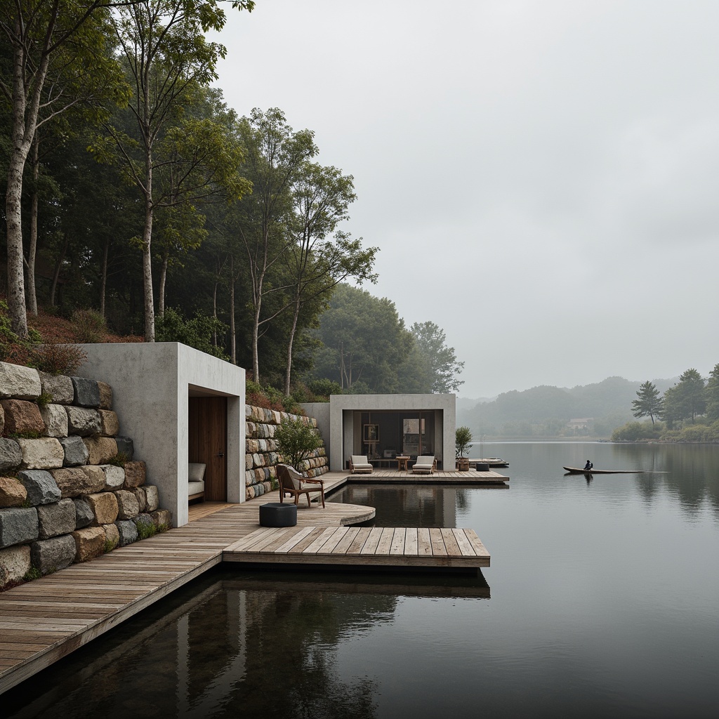 Prompt: Riverbank setting, serene waterfront, natural stone walls, wooden docks, minimalist architecture, clean lines, simple forms, industrial materials, exposed concrete, steel beams, reclaimed wood, large windows, sliding glass doors, organic textiles, earthy color palette, soft ambient lighting, subtle shading, 1/1 composition, realistic reflections, misty atmosphere.