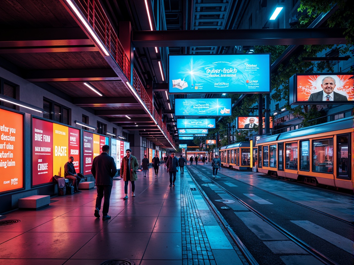 Prompt: Vibrant tram station, modern urban architecture, bold color scheme, bright neon lights, sleek metal accents, polished concrete floors, dynamic visual displays, futuristic advertisements, bustling city atmosphere, rush hour crowds, urban jungle landscape, abstract geometric patterns, contrasting colors, high-contrast lighting, dramatic shadows, cinematic composition, realistic textures, ambient occlusion.