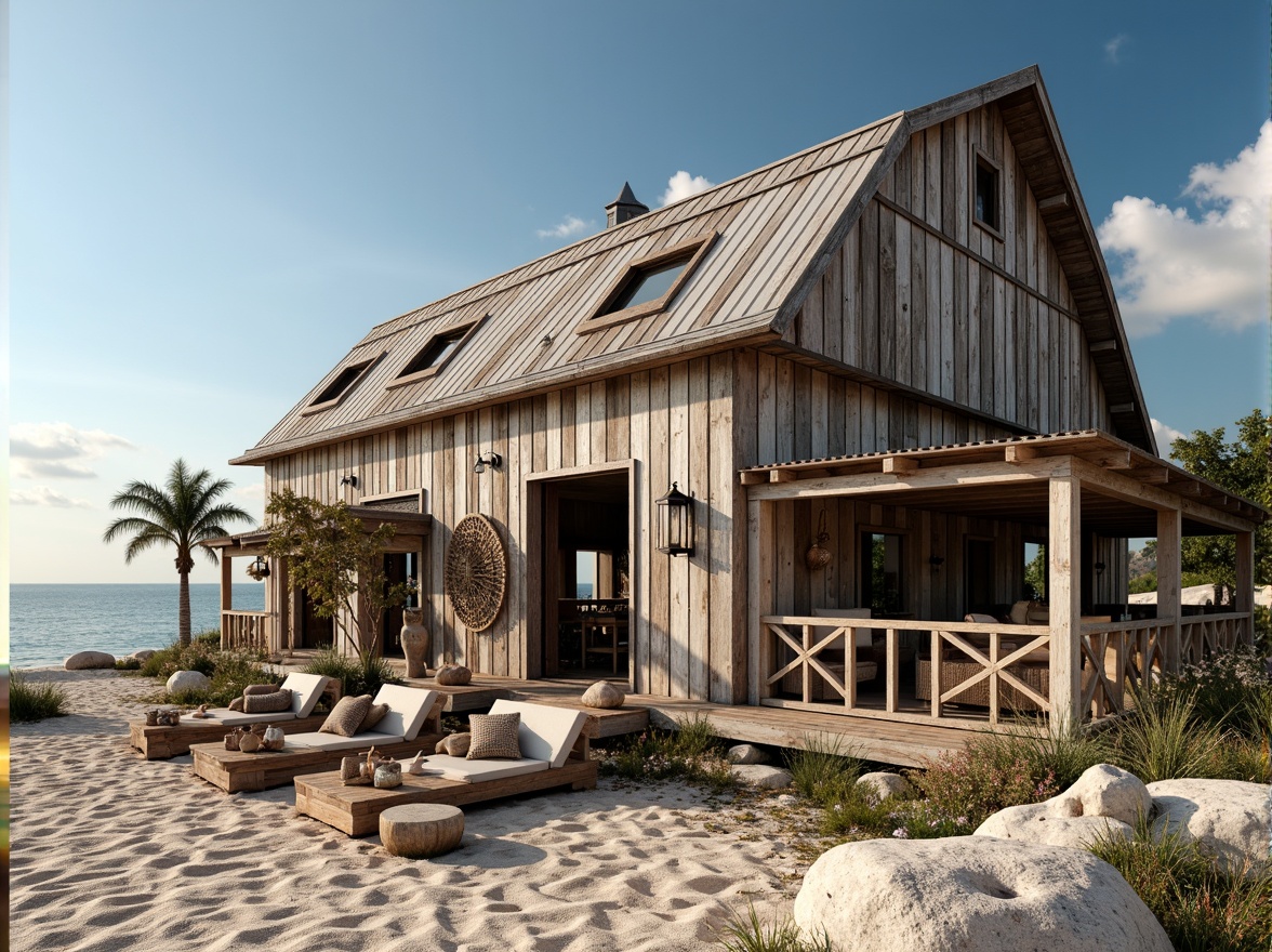 Prompt: Weathered wooden barn, rustic beachside charm, driftwood accents, corrugated metal roofs, distressed finishes, reclaimed wood textures, natural ventilation systems, open-air verandas, coastal breeze, sandy dunes, seashell decorations, nautical ropes, ocean views, serene atmosphere, soft warm lighting, shallow depth of field, 3/4 composition, panoramic view, realistic textures, ambient occlusion.