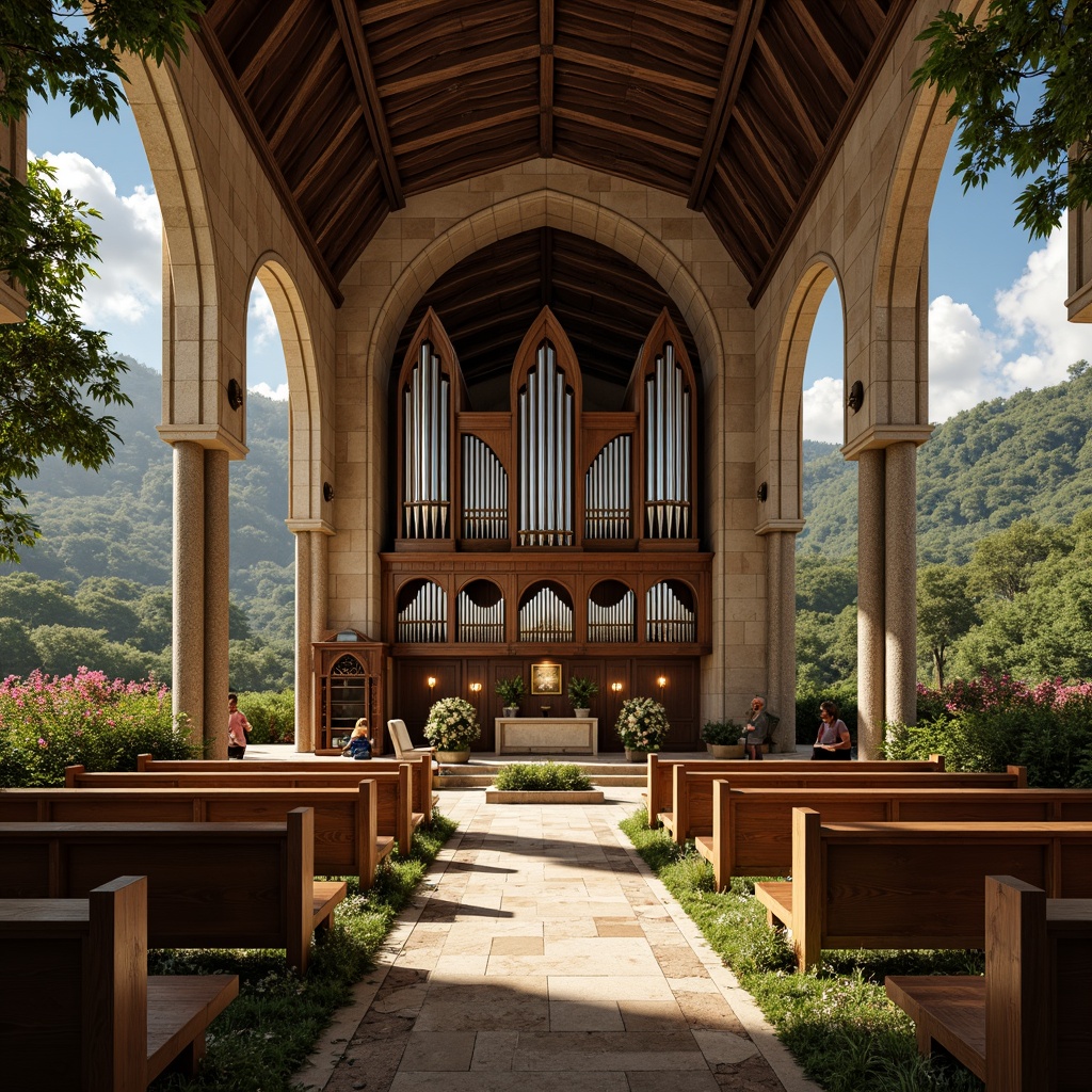 Prompt: Rustic stone church, wooden pews, stained glass windows, vaulted ceilings, grand pipe organs, intricate carvings, ornate altarpieces, fresco paintings, marble floors, tranquil atmosphere, soft warm lighting, shallow depth of field, 1/1 composition, realistic textures, ambient occlusion, surrounding lush greenery, blooming flowers, serene natural landscape, rolling hills, sunny day, cloudy sky, dramatic clouds.