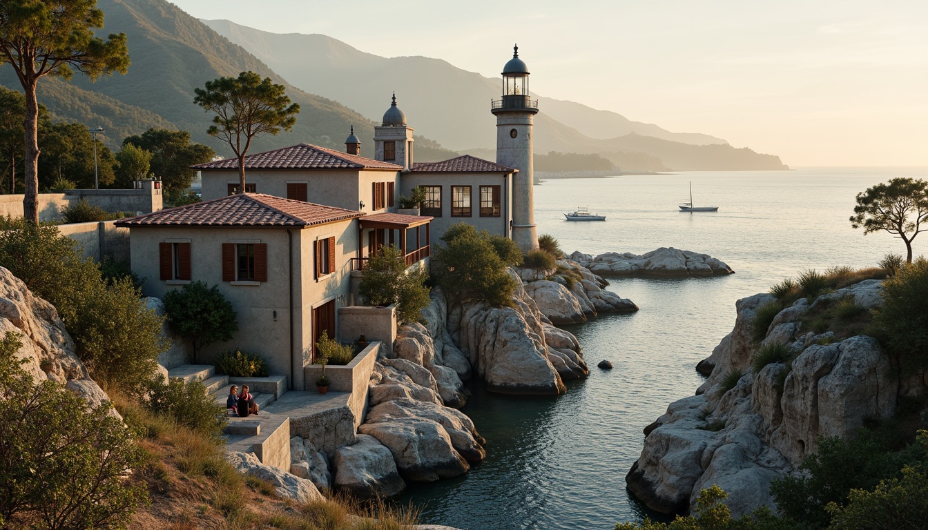 Prompt: Rustic coastal cottage, weathered stone walls, rugged sea defenses, majestic lighthouses, driftwood accents, ocean-inspired color palette, textured brick facades, salt-washed concrete foundations, wave-battered piers, dramatic cliffside settings, misty marine atmosphere, warm golden lighting, 1/2 composition, symmetrical framing, ornate architectural details, Mediterranean-style tile roofs, nautical-themed ornaments.