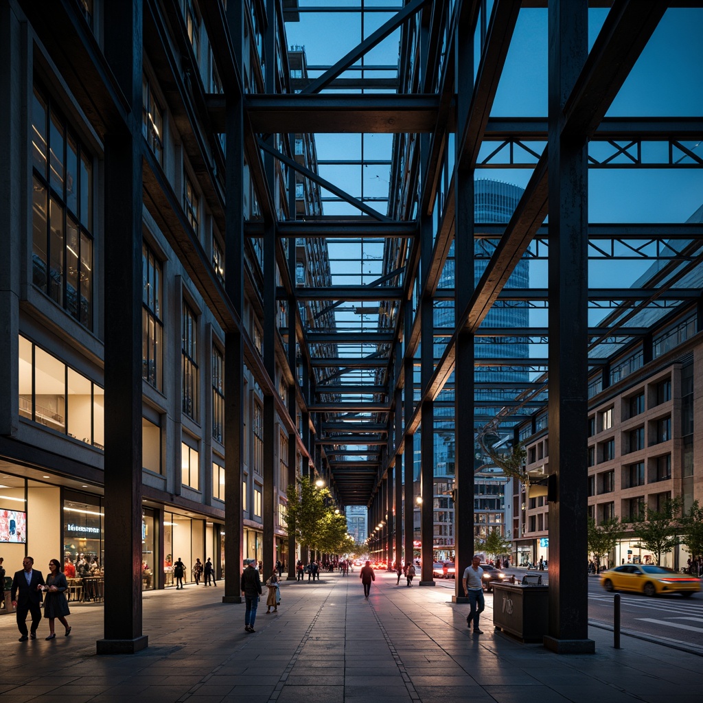 Prompt: Industrial steel framework, sleek metal beams, modern architectural design, urban cityscape, busy streets, glass curtain walls, minimalist interior, polished concrete floors, exposed ductwork, vibrant city lights, nighttime atmosphere, shallow depth of field, 1/1 composition, realistic metallic textures, ambient occlusion.