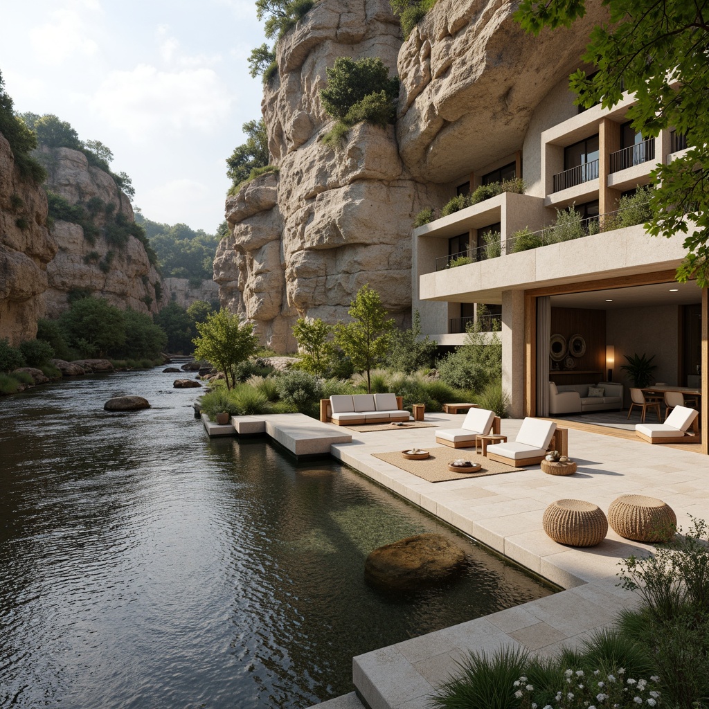 Prompt: Riverbank setting, limestone cliffs, serene water flow, minimalistic design, open floor plan, large windows, sliding glass doors, natural stone flooring, beige color scheme, simple furniture, greenery accents, river views, wooden decking, outdoor seating areas, cantilevered roofs, linear architecture, clean lines, monochromatic tones, subtle textures, soft diffused lighting, shallow depth of field, 2/3 composition, atmospheric perspective.