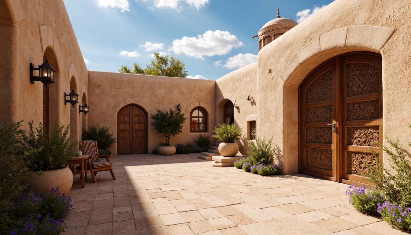 Prompt: Earthy adobe buildings, rustic stone walls, vibrant turquoise accents, intricately carved wooden doors, ornate metalwork, regional patterned textiles, warm beige stucco, curved arches, domed roofs, intricate tile work, sun-baked terracotta, natural earthy tones, ambient occlusion, shallow depth of field, 3/4 composition, panoramic view, realistic materials, soft warm lighting.