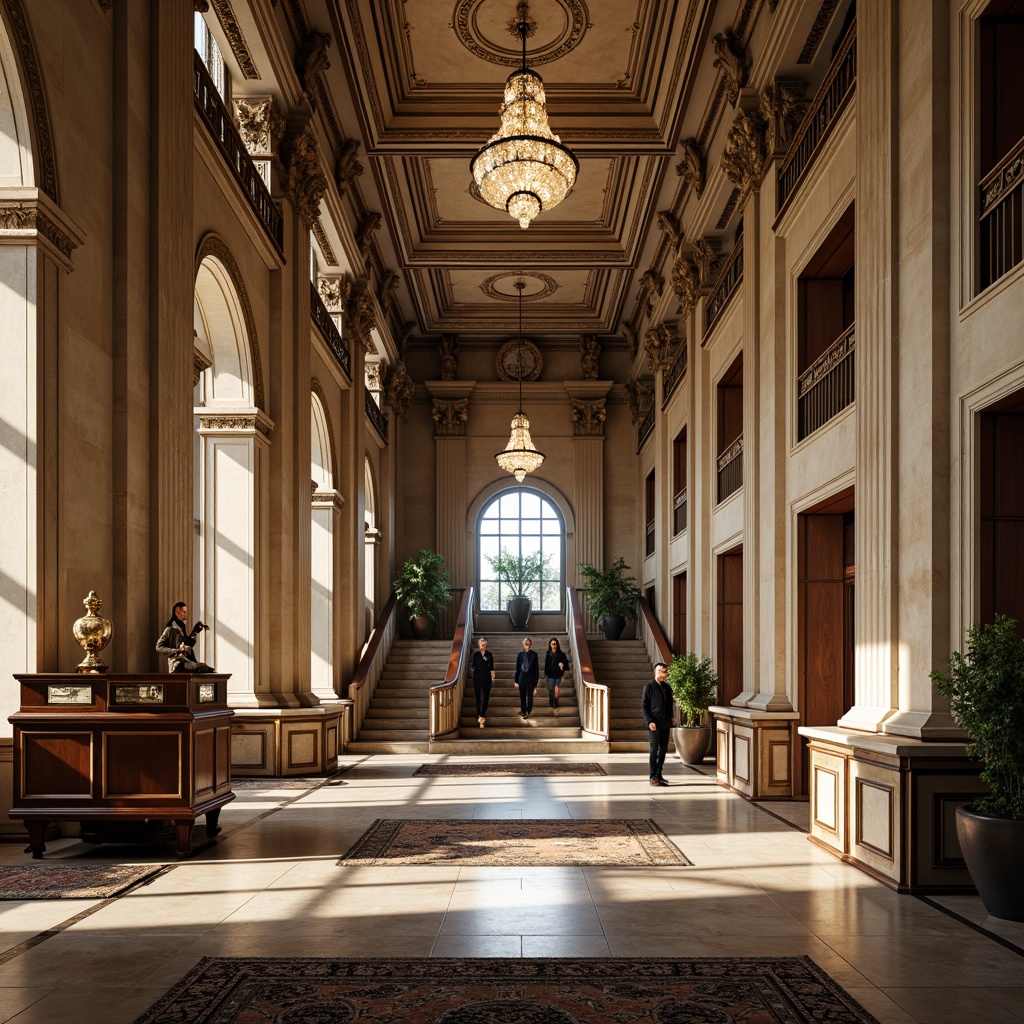 Prompt: Grandiose bank facade, neoclassical architecture, symmetrical composition, ornate columns, intricate carvings, marble flooring, high ceilings, dramatic chandeliers, opulent furnishings, stately atmosphere, formal entrance, imposing staircase, patterned rugs, polished wood accents, vintage banking equipment, natural light pouring in, soft warm glow, shallow depth of field, 1/1 composition, realistic textures, ambient occlusion.