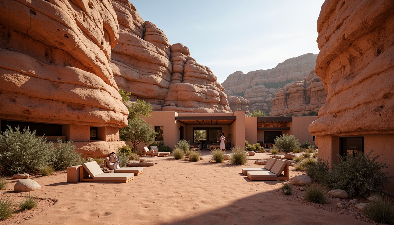 Prompt: Rugged canyon landscape, rust-colored rocky formations, weathered stone walls, earthy tones, natural sedimentary patterns, rough-hewn wooden accents, sandy dunes, cacti plants, warm desert sunlight, soft warm lighting, shallow depth of field, 3/4 composition, panoramic view, realistic textures, ambient occlusion, modern organic architecture, curved lines, irregular shapes, earthenware-inspired buildings, natural materials, woven textiles, hand-hewn stonework, intricate adobe patterns.