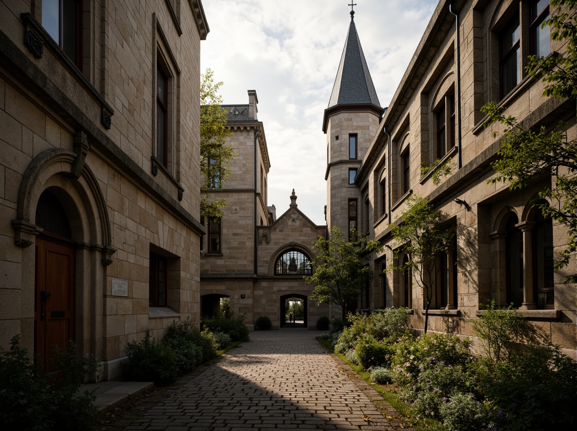 Prompt: Rustic university campus, weathered stone walls, Gothic arches, pointed towers, intricate stonework patterns, ornate carvings, moss-covered stones, ivy-clad buildings, grand entrance gates, heavy wooden doors, stained glass windows, mystical ambiance, dramatic lighting, shallow depth of field, 1/2 composition, low-angle shot, warm golden hour, soft misty atmosphere, realistic stone textures, ambient occlusion.