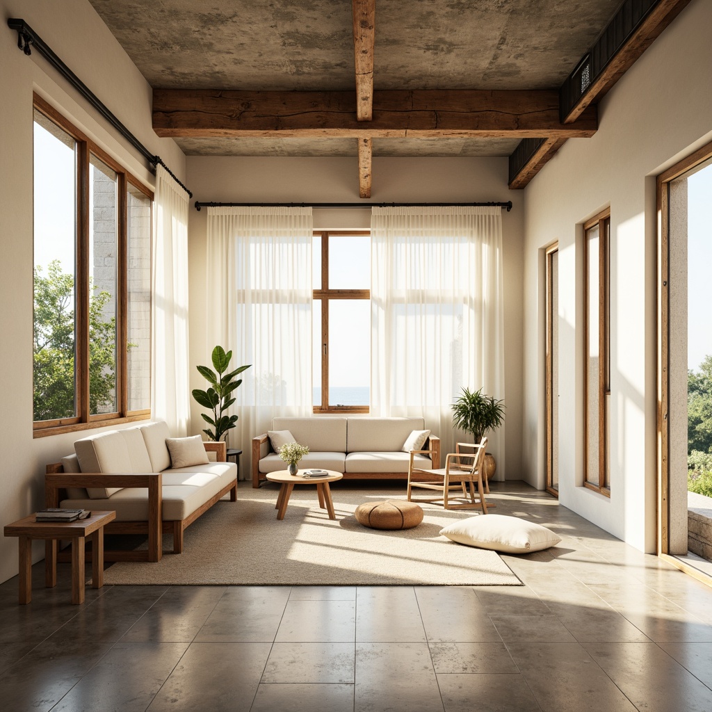 Prompt: Minimalist interior, sparse decor, natural materials, ample windows, sliding glass doors, transparent curtains, reflective surfaces, creamy white walls, polished concrete floors, industrial metal beams, reclaimed wood accents, airy atmosphere, abundant daylight, soft warm glow, shallow depth of field, 1/1 composition, panoramic view, realistic textures, ambient occlusion.