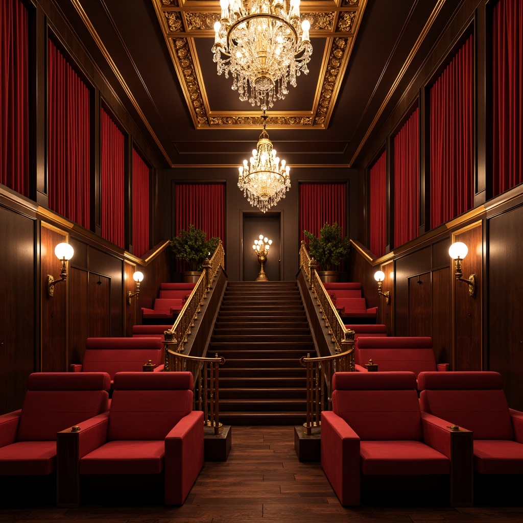 Prompt: Luxurious theater interior, velvet curtains, golden accents, ornate chandeliers, plush red seats, wooden flooring, grand staircase, dramatic spotlights, intimate setting, warm atmosphere, cinematic experience, high ceilings, minimal ornamentation, functional layout, comfortable seating arrangement, optimal sightlines, immersive audio system, subtle color scheme, rich textures, refined materials, elegant architectural details, soft warm lighting, shallow depth of field, 3/4 composition, realistic rendering.