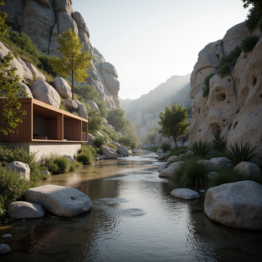 Prompt: Riverbank scenery, serene water flow, natural limestone formations, minimalist architecture, clean lines, simple shapes, neutral color palette, weathered stone walls, wooden accents, subtle texture variations, calm atmosphere, warm soft lighting, gentle mist, shallow depth of field, 1/1 composition, panoramic view, realistic reflections, ambient occlusion.