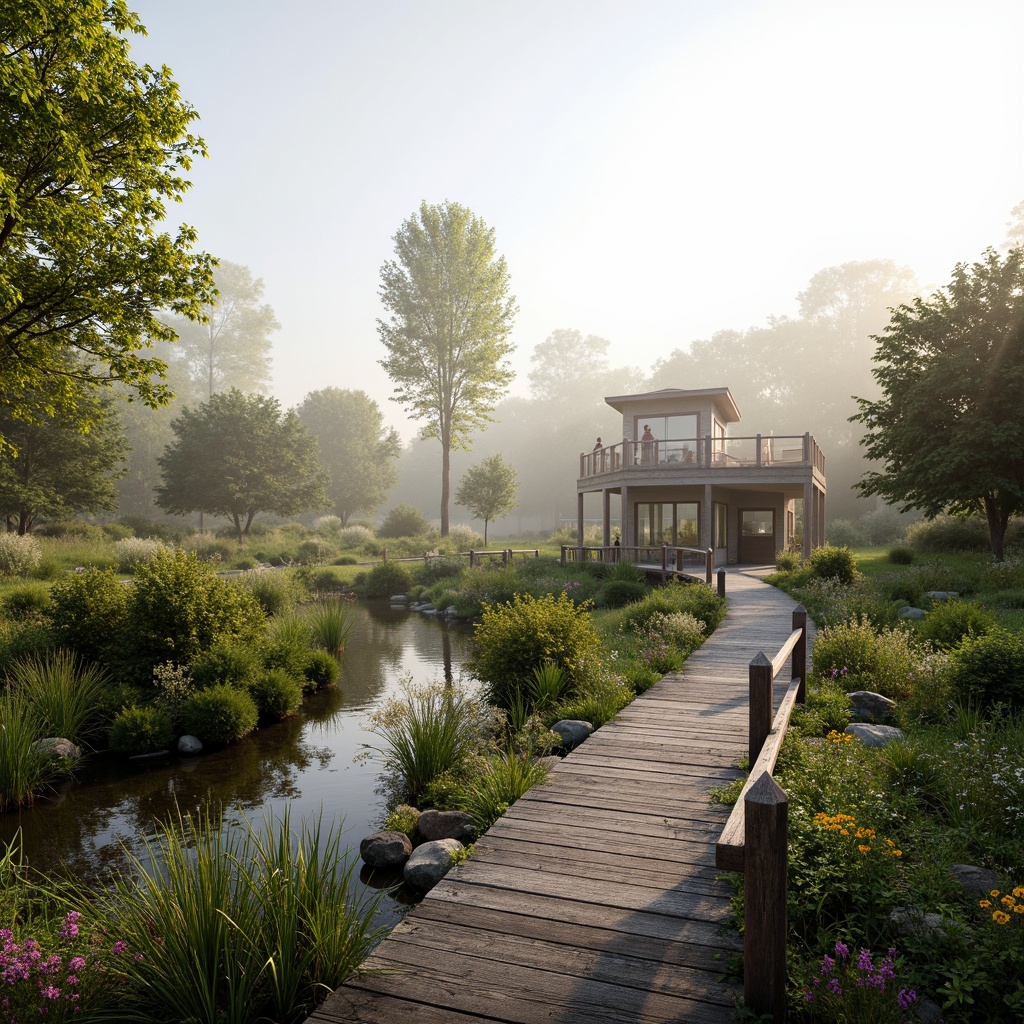 Prompt: Serene wetland landscape, lush vegetation, tranquil water bodies, meandering streams, rustic wooden boardwalks, observation decks, bird-watching platforms, native aquatic plants, vibrant wildflowers, natural stone pathways, weathered wooden fences, misty morning atmosphere, soft warm lighting, shallow depth of field, 3/4 composition, panoramic view, realistic textures, ambient occlusion.