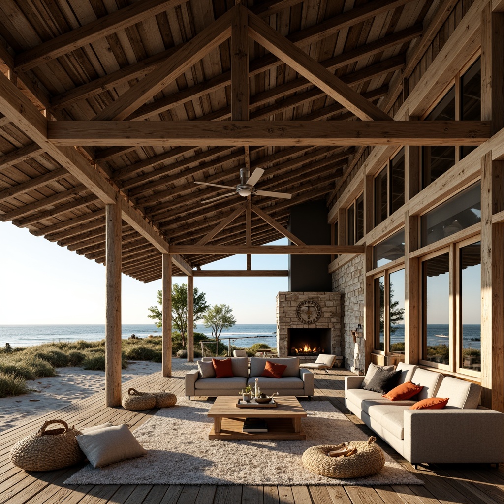 Prompt: Rustic beachside barn, reclaimed wood accents, weathered metal roofs, driftwood decorations, nautical ropes, sandy dunes, sea oats, crashing waves, salty air, warm sunlight, soft warm lighting, shallow depth of field, 3/4 composition, panoramic view, realistic textures, ambient occlusion, open plan living area, high ceilings, wooden beams, stone fireplaces, cozy nooks, plush furnishings, natural fabrics, woven baskets, vintage nautical artifacts, distressed finishes, earthy color palette.