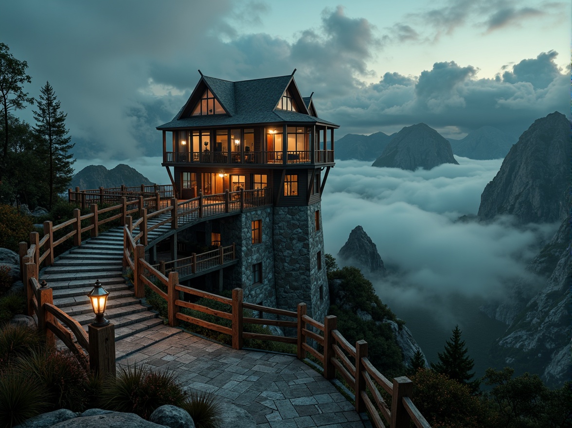 Prompt: Panoramic watchtower, winding stone staircases, rustic wooden railings, majestic mountainous backdrop, misty foggy atmosphere, warm golden lighting, dramatic cloud formations, 3/4 composition, cinematic view, realistic rock textures, ambient occlusion, elevated vantage points, scenic lookout decks, ornate metal lanterns, distressed wood accents, mysterious nighttime ambiance, soft moonlight, starry night sky.