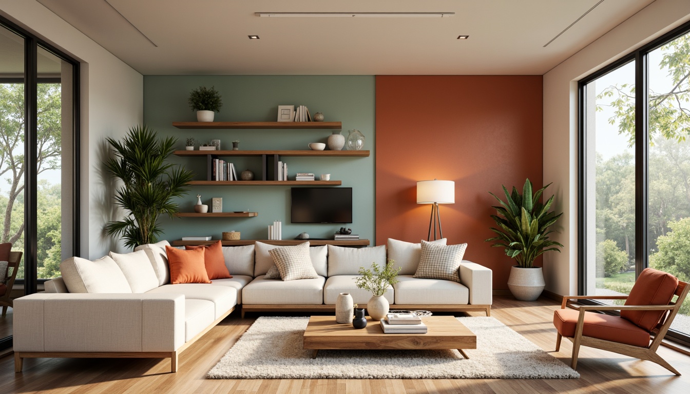 Prompt: Cozy living room, comfortable sofas, warm lighting fixtures, wooden flooring, minimalist decor, functional shelving units, modern coffee table, vibrant accent walls, plush area rugs, floor-to-ceiling windows, natural ventilation systems, energy-efficient appliances, ergonomic furniture design, acoustic soundproofing materials, soft pastel color palette, 1/1 composition, realistic textures, ambient occlusion.