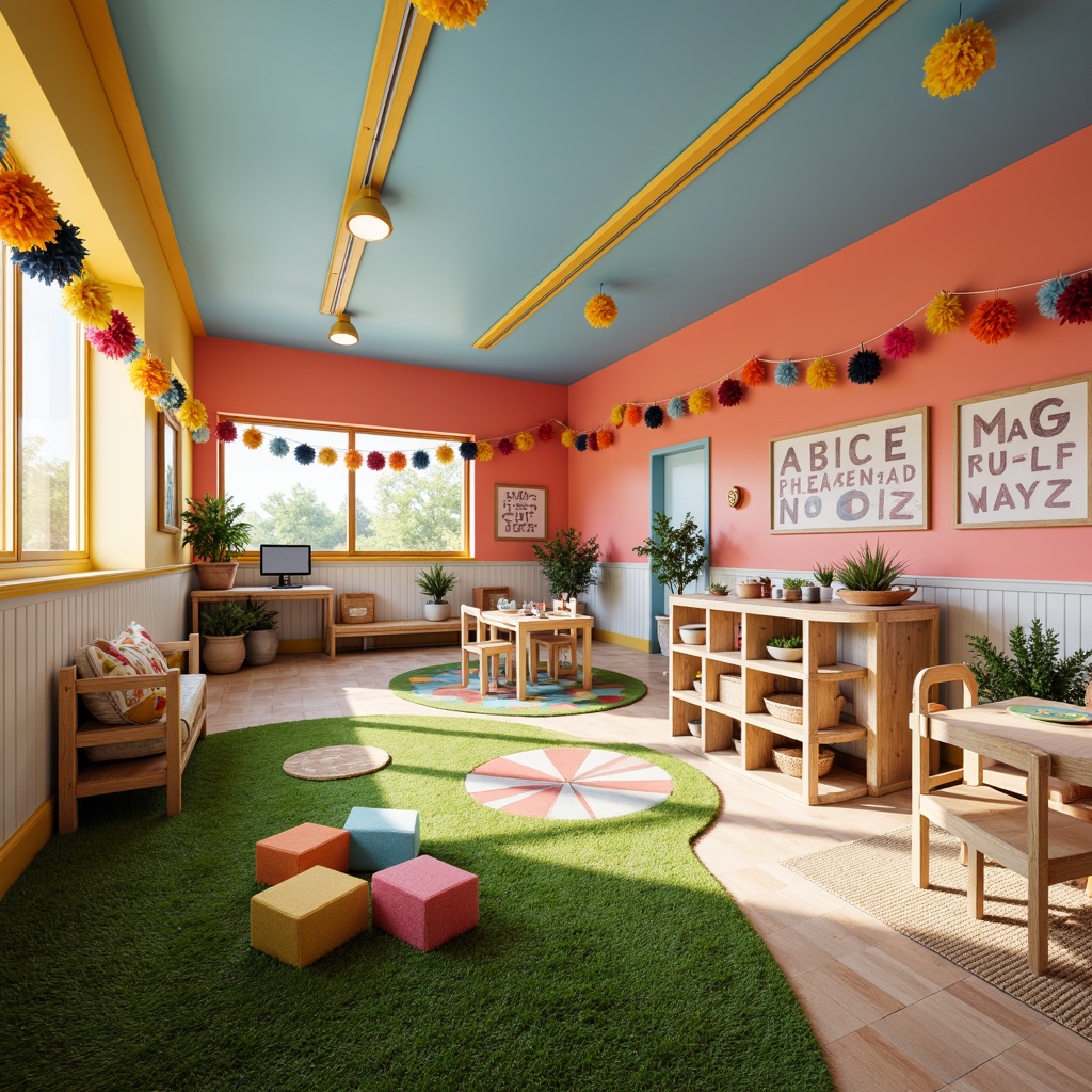 Prompt: Vibrant kindergarten, eclectic color scheme, playful furniture, whimsical decorations, bright coral walls, sky blue accents, sunshine yellow highlights, creamy white trim, natural wood textures, woven basket storage, artificial turf flooring, geometric patterned rugs, oversized alphabet murals, colorful pom-pom garlands, softbox lighting, shallow depth of field, 1/1 composition, realistic textures, ambient occlusion.