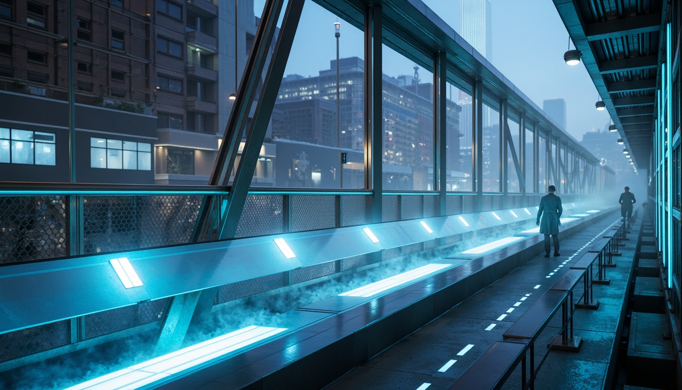 Prompt: Futuristic bridge structure, metallic silver beams, neon blue accents, sleek glass railings, dynamic LED lighting, misty fog effects, urban cityscape, modern architecture, steel cables, geometric shapes, high-tech materials, iridescent colors, holographic reflections, 3D modeling, cinematic atmosphere, dramatic shadows, low-key lighting, 1/2 composition, wide-angle lens, shallow depth of field.