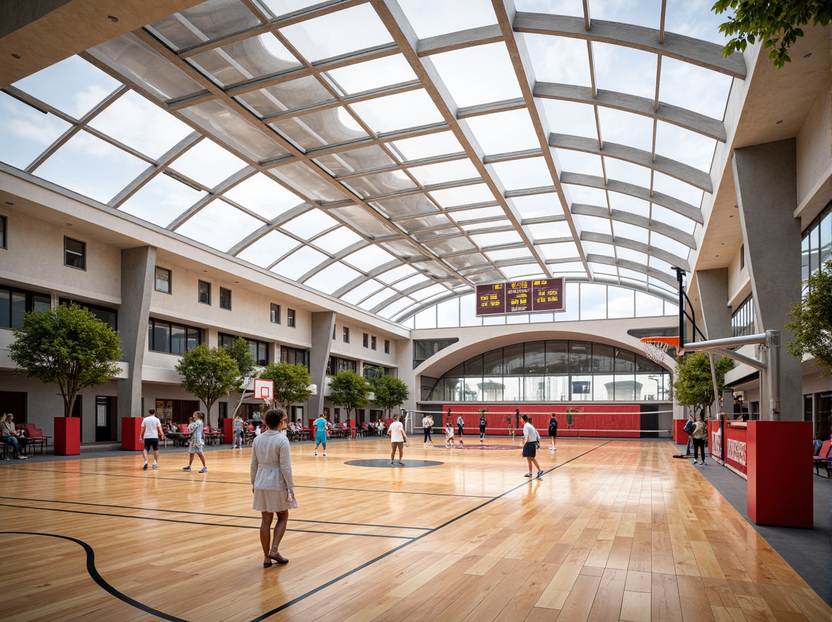 Prompt: Modern gymnasium interior, translucent roofing materials, natural light diffusion, softbox lighting effect, minimal shadows, vibrant athletic colors, sleek metallic equipment, wooden flooring, basketball courts, badminton nets, tennis tables, spectator seating areas, sound-absorbing panels, acoustic comfort, high ceilings, open spaces, curved lines, dynamic architecture, 1/2 composition, warm color temperature, realistic reflections, ambient occlusion.