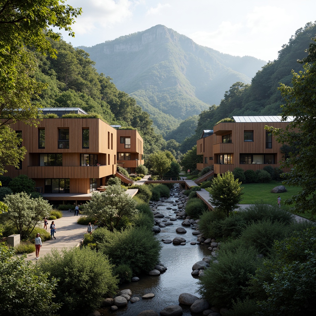 Prompt: Harmonious mountainous backdrop, lush green forests, meandering streams, rustic wooden bridges, natural stone walls, earthy toned buildings, organic curves, cantilevered structures, floor-to-ceiling windows, sliding glass doors, verdant roofs, solar panels, rainwater harvesting systems, eco-friendly materials, weathered steel accents, reclaimed wood features, serene ambiance, warm soft lighting, atmospheric misting, 3/4 composition, panoramic view, realistic textures, ambient occlusion.