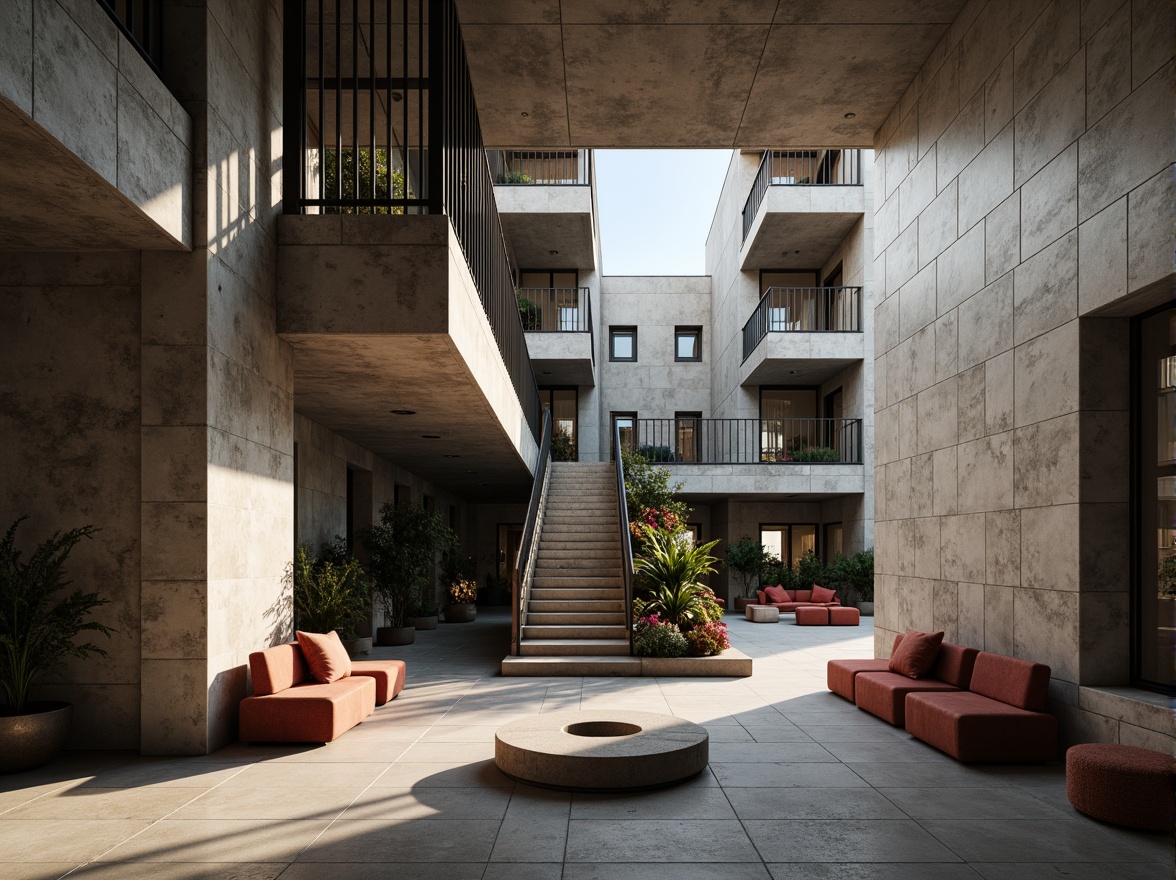 Prompt: Exposed concrete walls, rugged stone textures, brutalist architecture, dramatic lighting, grand staircase, cantilevered balconies, raw metal railings, industrial-style seating, minimalist decor, bold color accents, abstract geometric patterns, dynamic shadows, high-contrast lighting, 1/2 composition, low-angle shot, realistic materials, ambient occlusion.