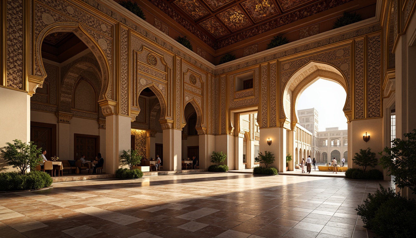 Prompt: Intricate ornamental arches, Islamic-inspired motifs, grand entranceways, majestic columns, ornate carvings, luxurious fabrics, regal color palette, golden accents, intricate patterns, Moorish architecture, symmetrical compositions, dramatic lighting effects, warm ambient glow, shallow depth of field, 2/3 composition, realistic textures.