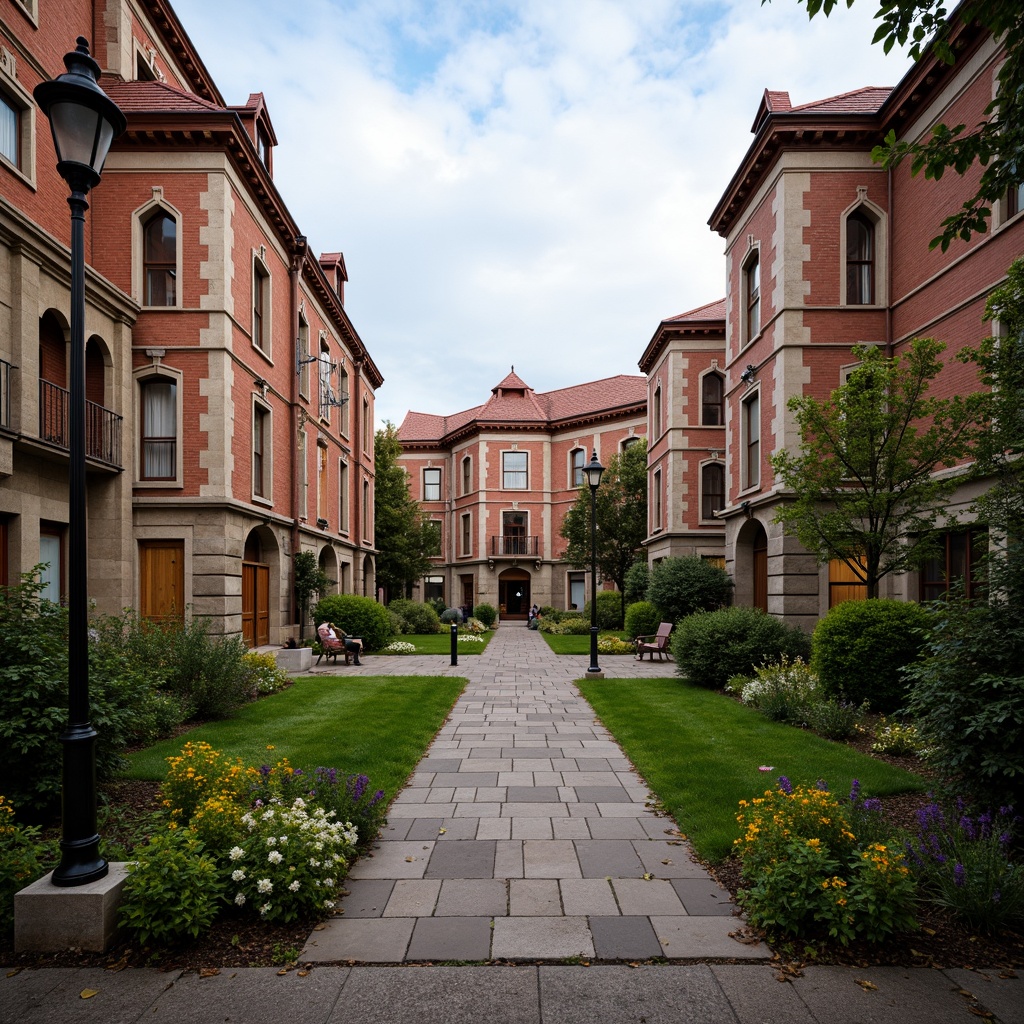 Prompt: Rustic campus quadrangle, vintage brick buildings, ornate stone carvings, classical columns, arched windows, symmetrical facades, manicured lawns, mature trees, meandering walkways, weathered stone pathways, decorative iron fences, traditional lamp posts, soft warm lighting, shallow depth of field, 1/2 composition, realistic textures, ambient occlusion.