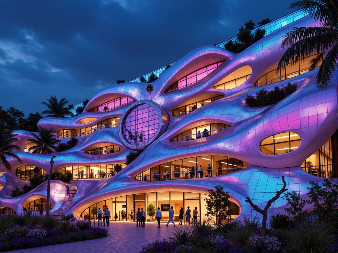 Prompt: Vibrant blob-shaped buildings, curvaceous lines, playful rounded forms, iridescent color schemes, shimmering metallic materials, gradient glass facades, futuristic architecture, whimsical organic structures, undulating rooftops, winding staircases, bioluminescent accents, neon-lit night scenes, dramatic spotlighting, 1/1 composition, ultra-wide-angle lens, high-contrast rendering, stylized reflections.