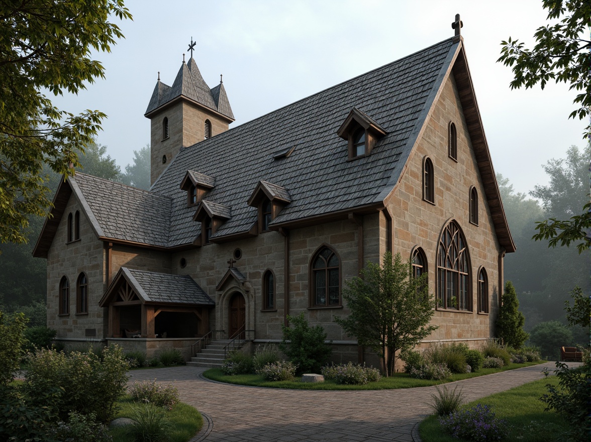 Prompt: Rustic church architecture, steeply pitched roofs, wooden shingles, clay tiles, slate roofing, Gothic arches, ribbed vaults, ornate facades, stone carvings, stained glass windows, grandiose entranceways, intricate stone masonry, weathered copper accents, verdigris patina, moss-covered walls, overgrown ivy, misty morning light, soft diffused illumination, 1/2 composition, realistic textures, ambient occlusion.