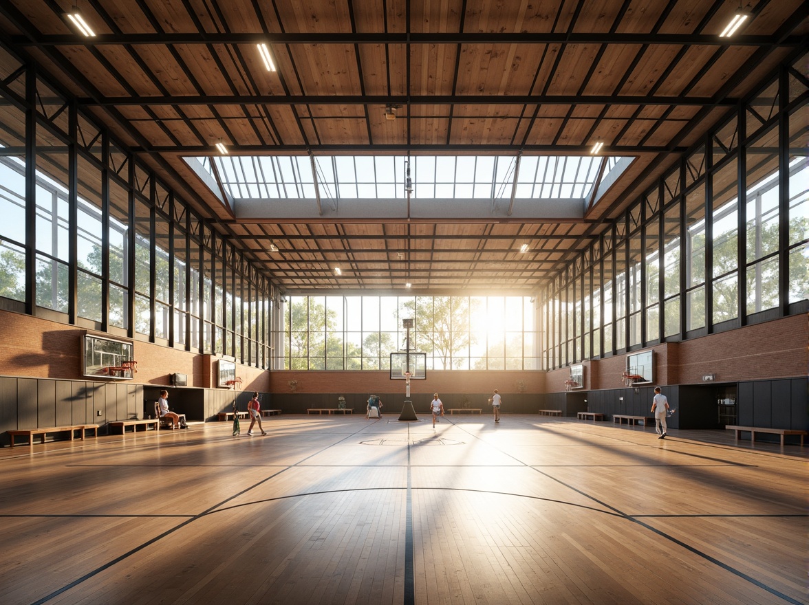 Prompt: Modern gymnasium interior, natural light diffusion, translucent roofing materials, soft warm glow, clerestory windows, exposed metal beams, polished wooden floors, athletic equipment, basketball hoops, volleyball nets, spectator seating areas, dynamic shading systems, 3D modeling, ambient occlusion, realistic textures, shallow depth of field, panoramic view.