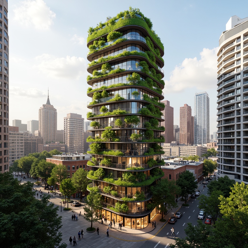 Prompt: Eco-friendly skyscraper, organic curves, living green walls, lush rooftop gardens, solar panels, wind turbines, rainwater harvesting systems, natural ventilation, recycled materials, bamboo flooring, low-carbon footprint, minimalist design, circular economy principles, futuristic urban landscape, bustling city streets, vibrant street art, morning sunlight, soft warm lighting, 3/4 composition, panoramic view, realistic textures, ambient occlusion.