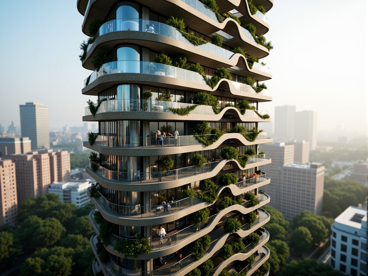 Prompt: Curvaceous skyscraper, organic facade, undulating lines, biomimetic design, green walls, living roofs, cantilevered balconies, rounded edges, futuristic aesthetic, iridescent glass, metallic mesh panels, natural ventilation systems, energy-efficient systems, urban jungle, cityscape views, misty morning atmosphere, soft warm lighting, shallow depth of field, 1/1 composition, realistic textures, ambient occlusion.