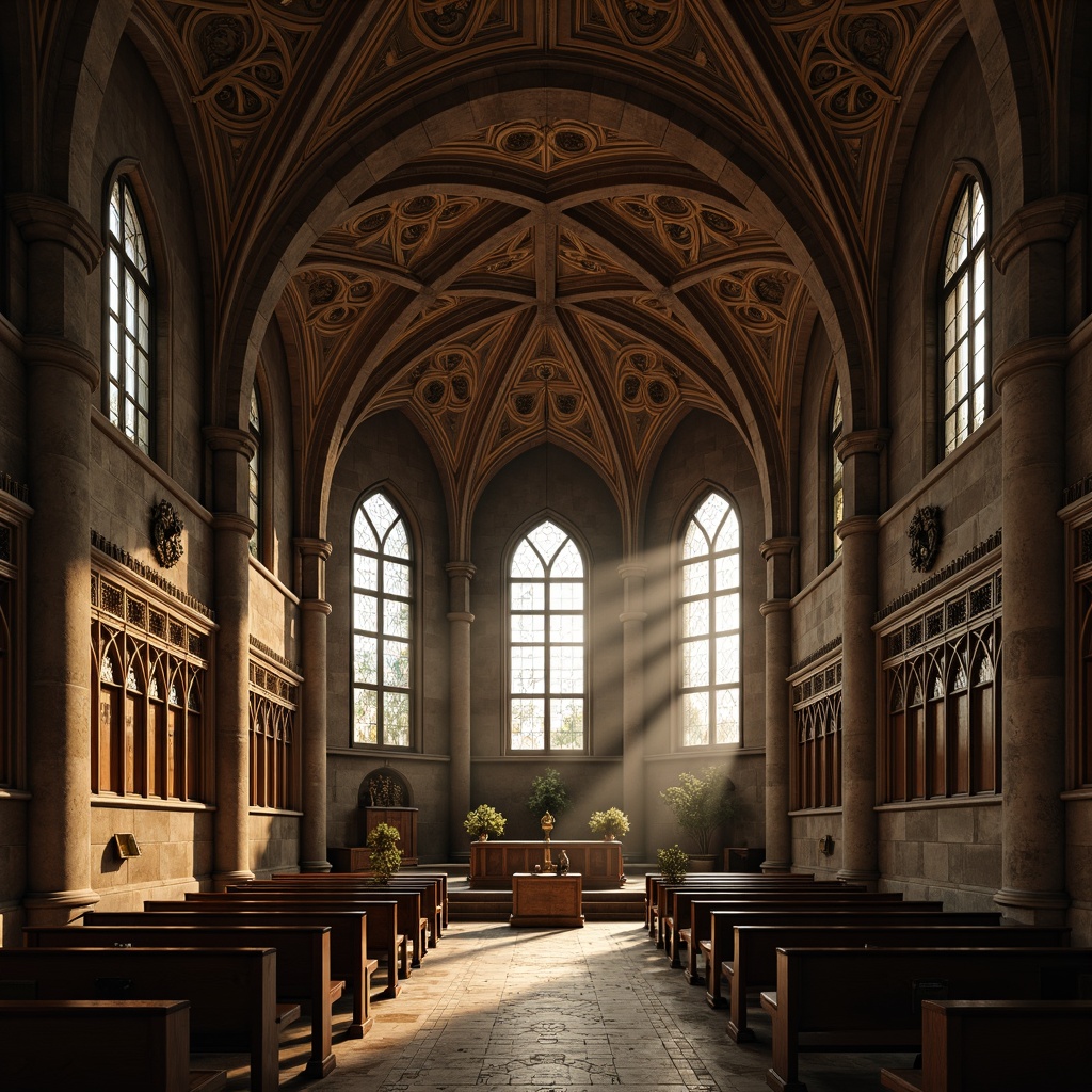 Prompt: Ancient Romanesque church, grand arches, vaulted ceilings, ornate carvings, rustic stone walls, stained glass windows, intricate mosaics, Latin crosses, ornamental columns, rounded apses, sacred altars, dim warm lighting, atmospheric fog, shallow depth of field, 1/1 composition, symmetrical perspective, realistic textures, ambient occlusion.