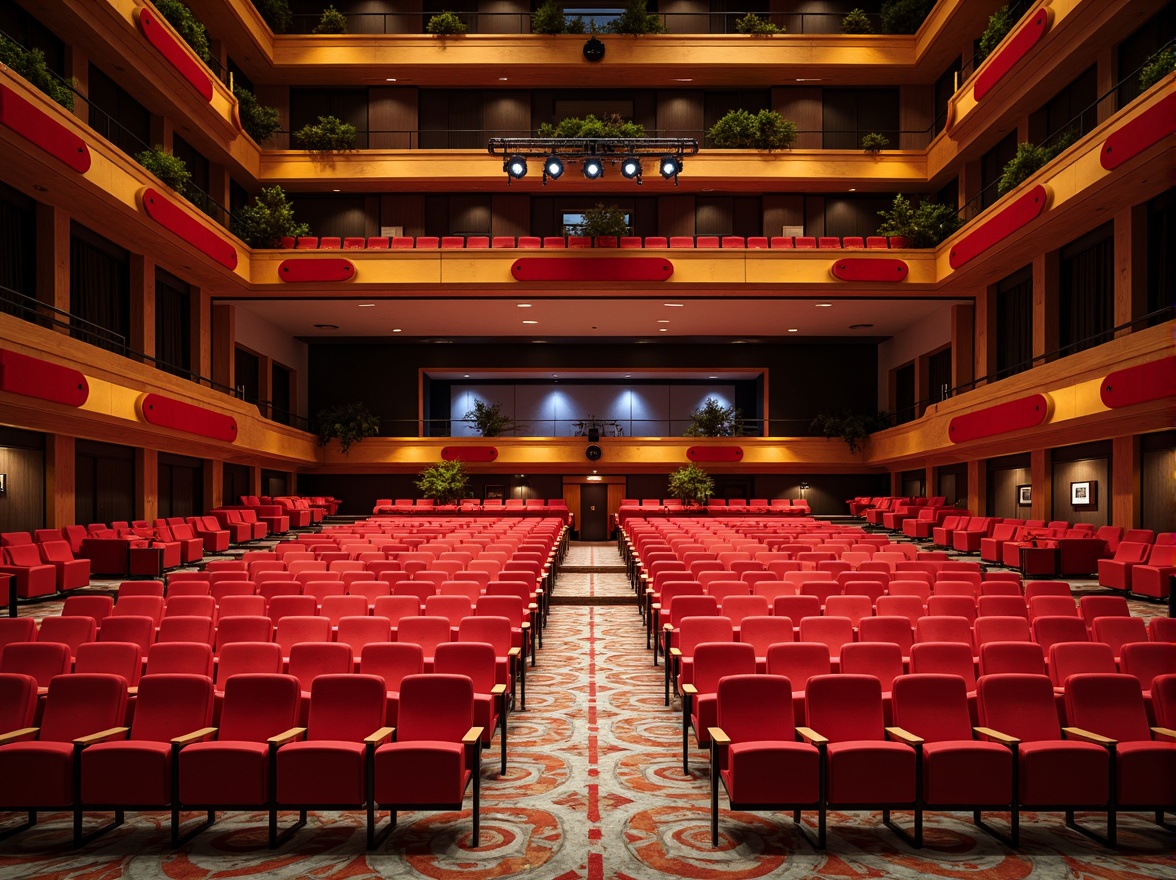 Prompt: Vibrant auditorium interior, bold color scheme, contrasting hues, harmonious palette, warm golden lighting, rich wood accents, plush red velvet seats, metallic silver rails, geometric patterned carpets, acoustic paneling, sound-absorbing materials, elevated stage, dramatic spotlights, 3/4 composition, shallow depth of field, realistic textures, ambient occlusion.