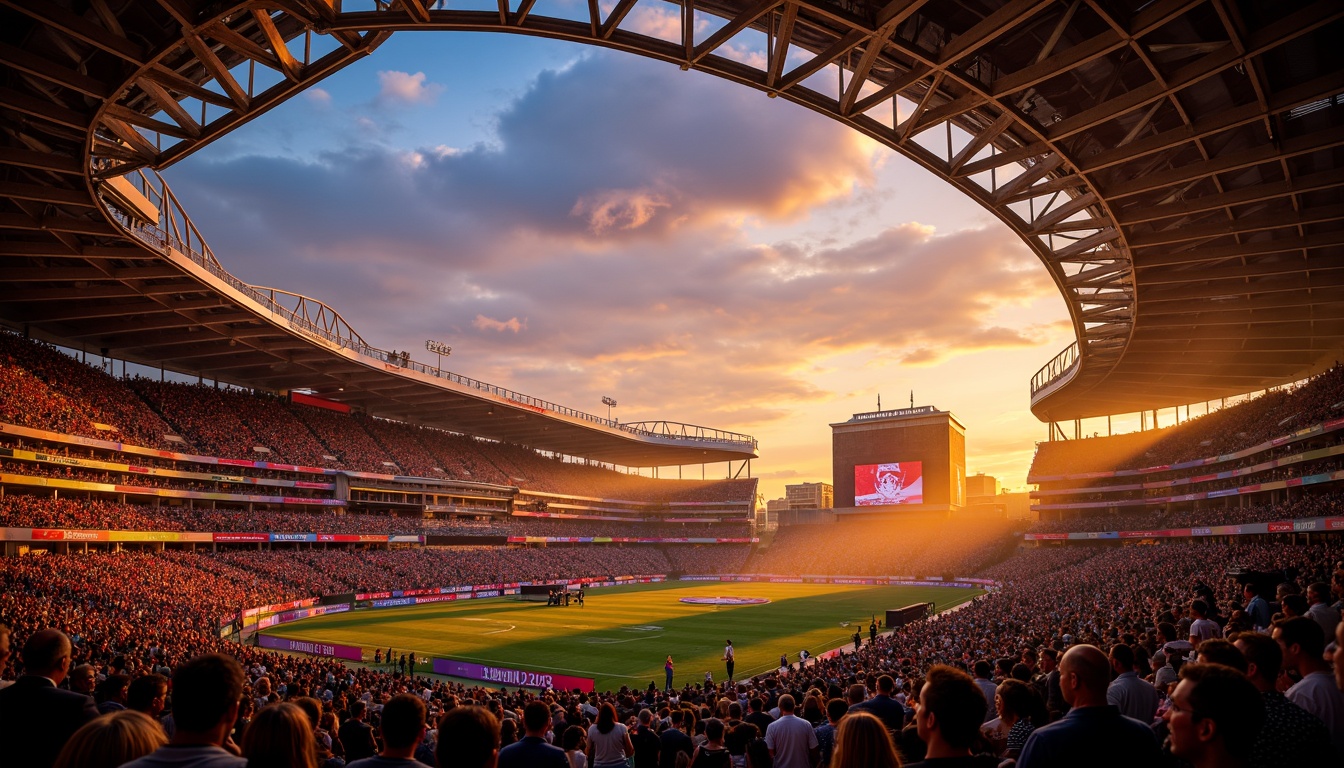 Prompt: Vibrant sports stadium, electric atmosphere, massive crowd, evening sunset, warm golden lighting, dramatic spotlighting, futuristic LED displays, sleek metal structures, angular lines, dynamic shadows, high-contrast lighting, intense beam lights, colorful ambient glow, realistic reflections, atmospheric fog, misty air, 3/4 composition, low-angle view, cinematic mood, detailed textures.