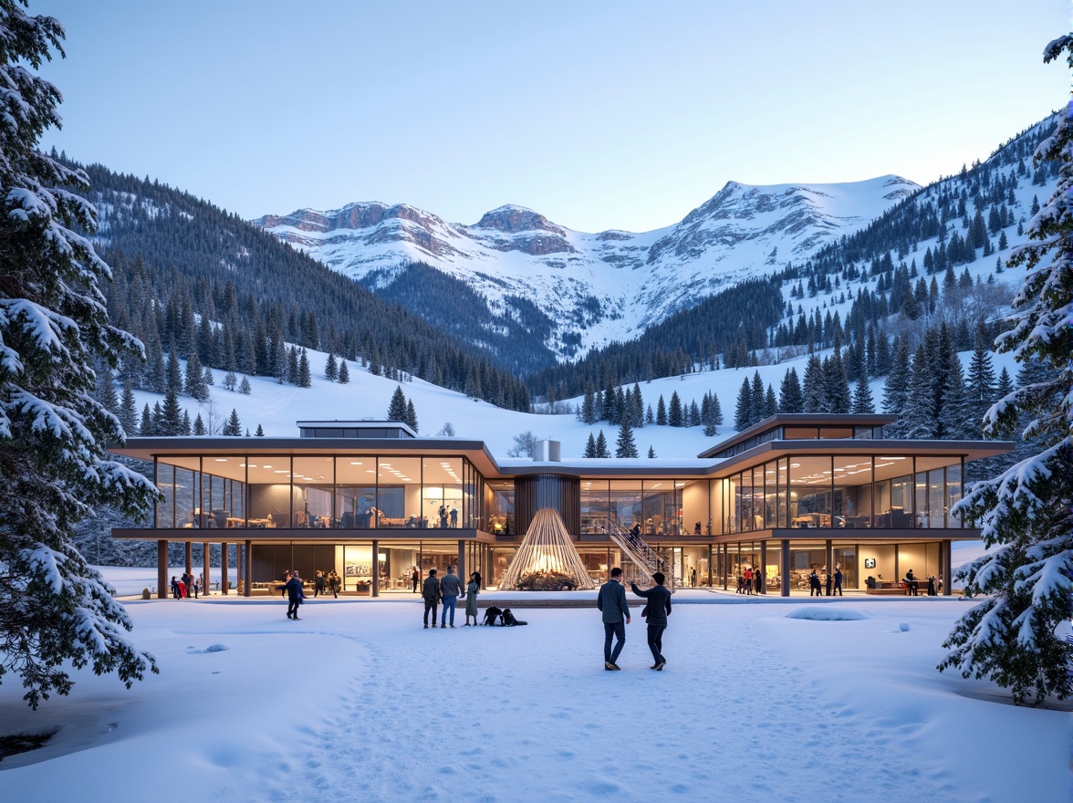 Prompt: Snow-capped mountains, frosty pine trees, winter sports equipment, modern ski center architecture, large glass facades, transparent roofs, minimal structural framework, sleek metallic lines, energy-efficient systems, sustainable building materials, wooden accents, cozy fireplaces, warm atmospheric lighting, soft focus blur, 1/1 composition, symmetrical framing, realistic snow textures, ambient occlusion.