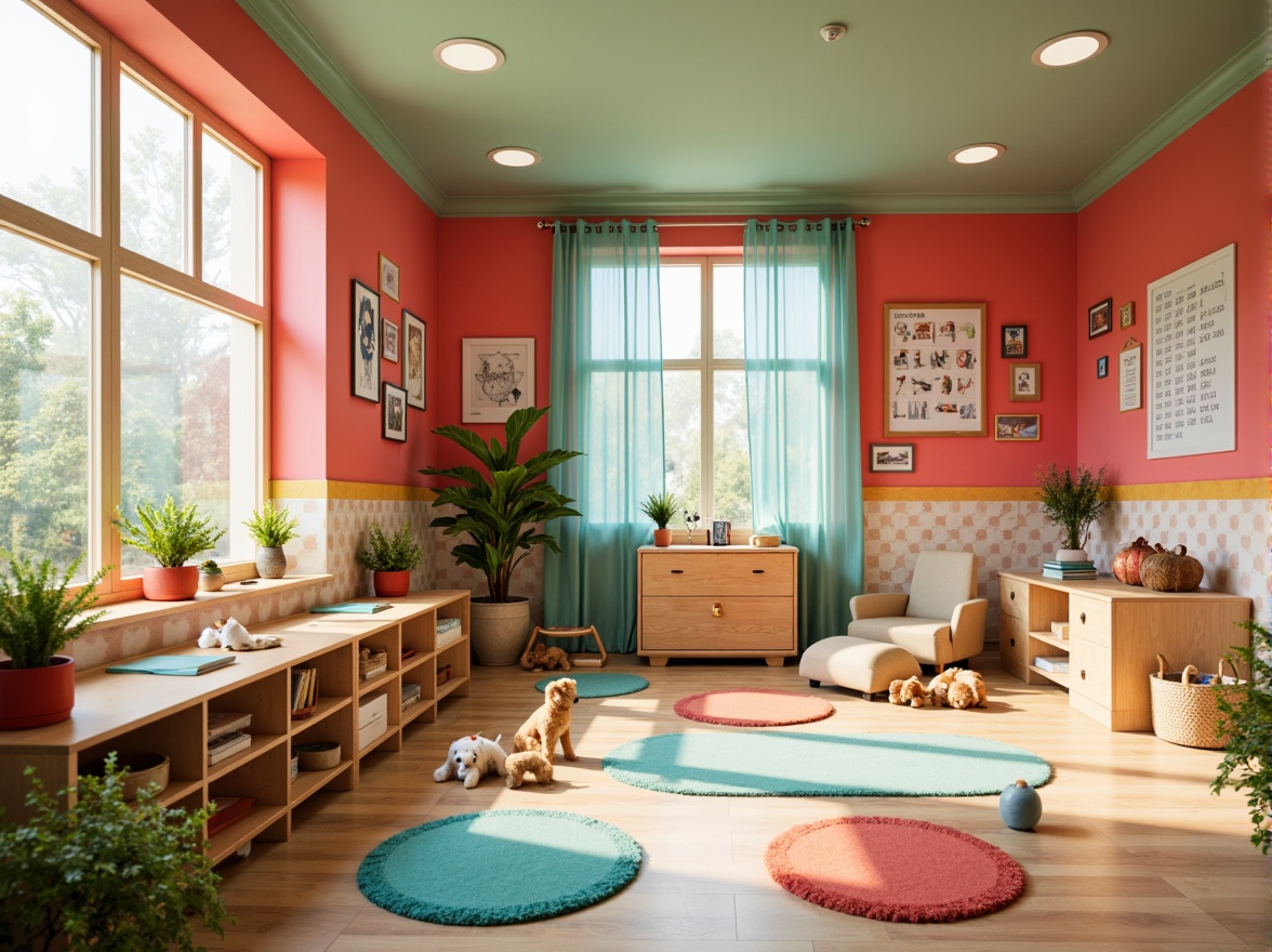 Prompt: Vibrant kindergarten interior, playful color palette, bright coral walls, soft mint green accents, warm beige furniture, whimsical polka-dot patterns, eclectic mix of textures, wooden blocks, colorful rugs, stuffed animals, educational posters, natural light pouring in, shallow depth of field, 1/2 composition, inviting atmosphere, cheerful ambiance.