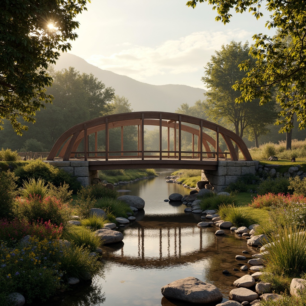 Prompt: Rustic regionalism bridges, wooden arches, earthy tones, natural stone piers, meandering rivers, lush greenery, vibrant wildflowers, sunny afternoon, warm soft lighting, misty atmosphere, 3/4 composition, symmetrical reflection, water flow simulation, organic textures, ambient occlusion.