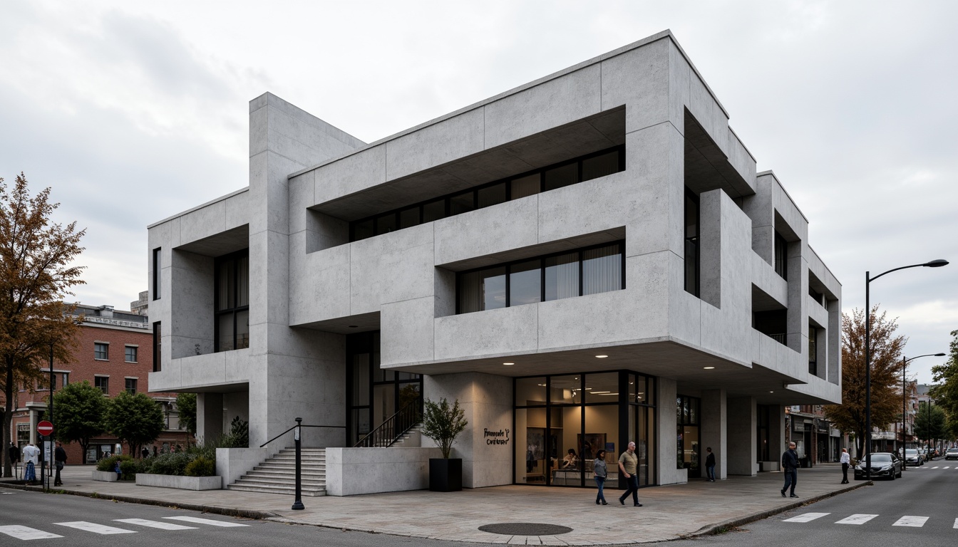 Prompt: Courthouse facade, Bauhaus style, geometric shapes, clean lines, minimal ornamentation, functional simplicity, rectangular forms, flat roofs, industrial materials, concrete walls, steel frames, large windows, asymmetrical compositions, bold typography, monumental entrance, cantilevered staircases, brutalist architecture, urban context, busy streets, natural stone pavement, modern streetlights, cloudy sky, high contrast lighting, deep shadows, 2/3 composition, architectural photography.