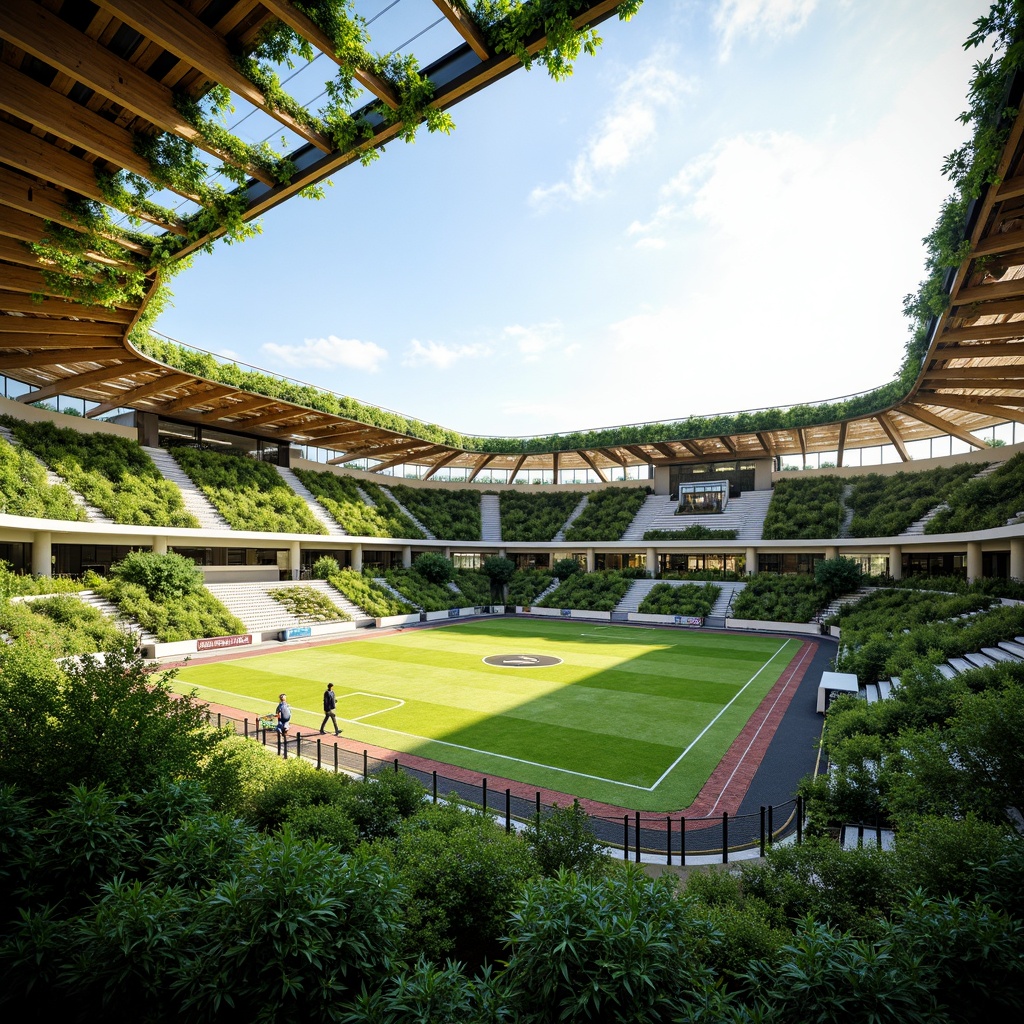 Prompt: Vibrant sports stadium, lush green roof, living walls, natural ventilation systems, reclaimed wood accents, organic curves, bioluminescent lighting, dynamic floor patterns, flexible seating arrangements, airy open spaces, transparent canopies, botanical gardens, tropical plant species, warm sunny day, soft diffused light, shallow depth of field, 1/1 composition, symmetrical framing, realistic textures, ambient occlusion.