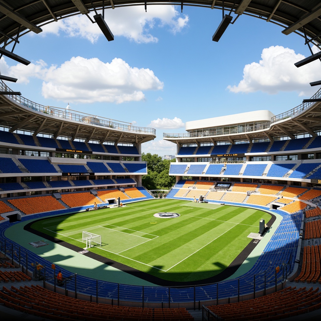 Prompt: Vibrant sports field, fusion architecture, curved lines, dynamic shapes, translucent canopies, suspended walkways, athletic tracks, soccer fields, basketball courts, tennis courts, vibrant green grass, modern stadium seating, sleek metal railings, LED scoreboard displays, floodlighting, dramatic shading, shallow depth of field, 2/3 composition, panoramic view, realistic textures, ambient occlusion.