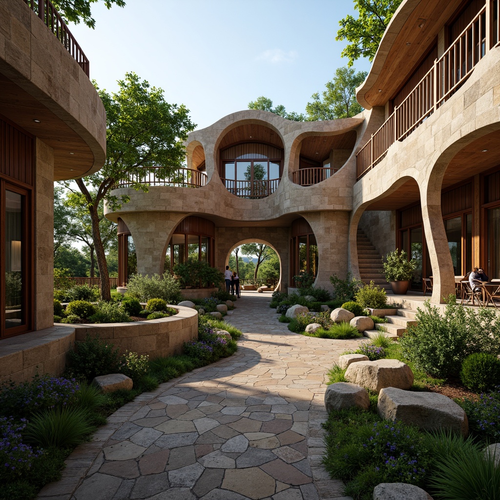 Prompt: Organic building forms, curved lines, earthy tones, natural stone cladding, wooden accents, green roofs, lush vegetation, overflowing planters, botanical patterns, intricate wood carvings, ornate metalwork, rustic textures, warm ambient lighting, cozy interior spaces, nature-inspired color palette, seamless indoor-outdoor transitions, blurred boundaries, scenic views, picturesque landscapes, serene atmosphere, soft natural light, gentle breezes, 1/2 composition, shallow depth of field.