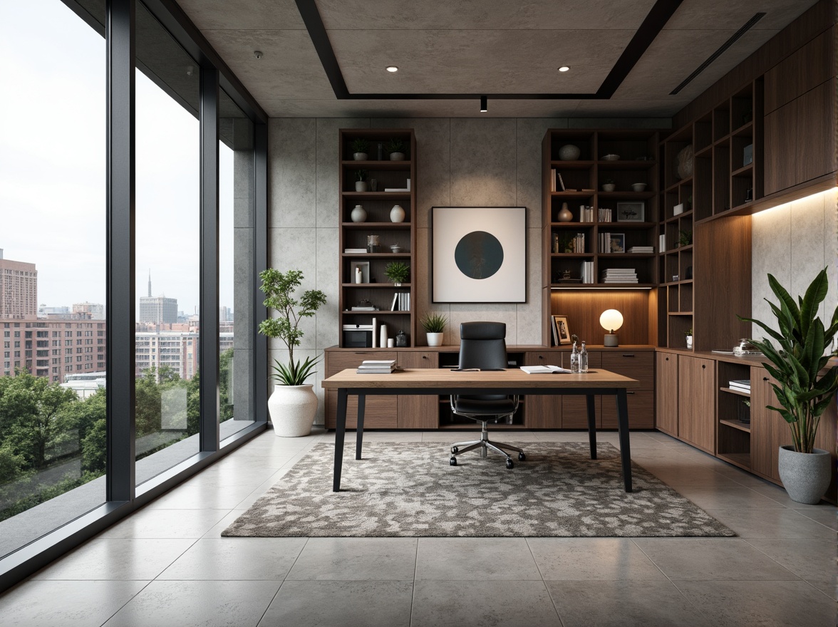 Prompt: Modern home office, sleek minimalist desk, ergonomic chair, built-in shelving, floor-to-ceiling windows, natural light, urban cityscape view, concrete floors, industrial chic decor, metal accents, geometric patterns, functional storage units, hidden compartments, task lighting, 3/4 composition, shallow depth of field, realistic textures.