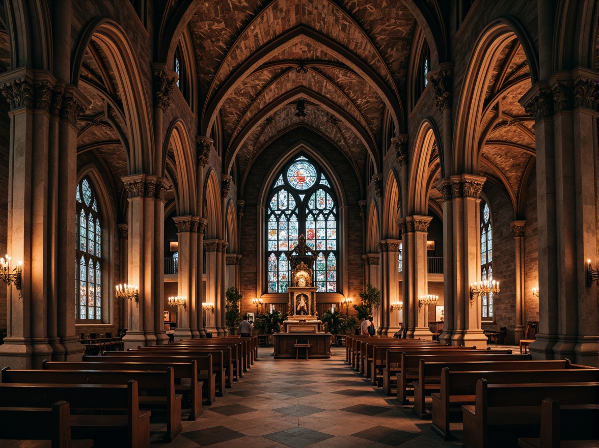 Prompt: Ancient stone arches, ornate carvings, grandiose cathedral ceilings, stained glass windows, intricate frescoes, vaulted roofs, imposing pillars, rustic stone walls, mystical ambiance, warm candlelight, soft diffused lighting, 1/2 composition, dramatic shadows, realistic textures, ambient occlusion.