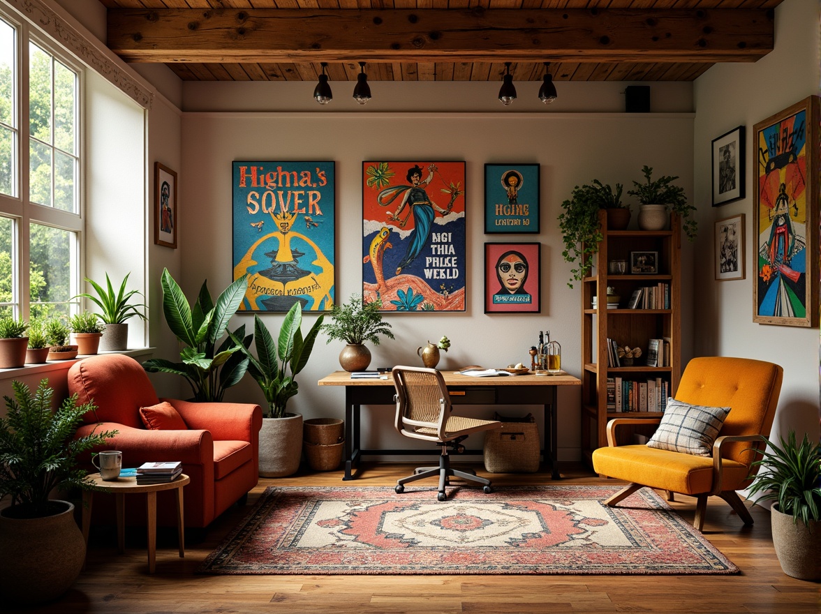 Prompt: Vibrant artistic studio, eclectic furniture, rich wood accents, bold colorful artwork, creative inspirational quotes, ergonomic desk chairs, natural textiles, earthy tone walls, warm atmospheric lighting, shallow depth of field, 1/2 composition, realistic textures, ambient occlusion.