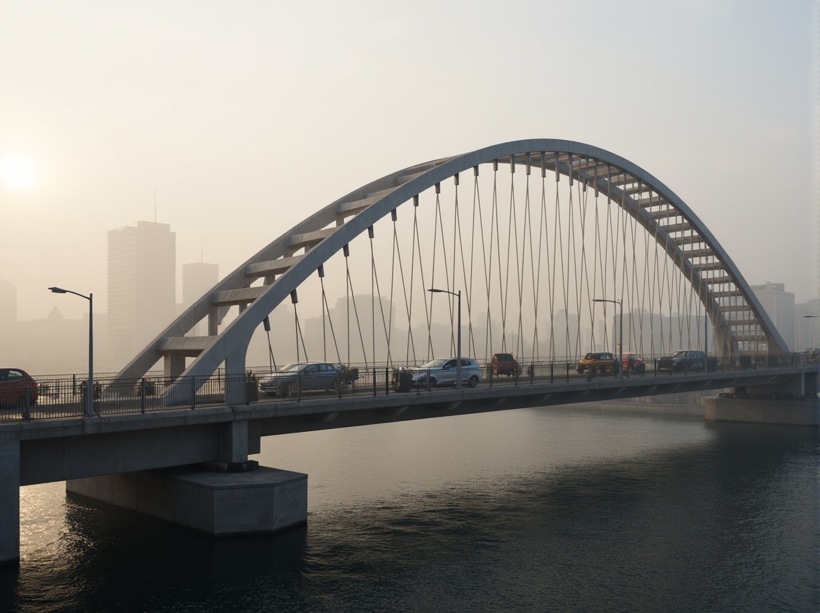 Prompt: Sleek vehicular bridge, modernist architecture, steel beams, reinforced concrete pillars, cantilevered decks, asymmetrical design, dynamic curves, angular lines, industrial materials, metallic textures, urban landscape, cityscape, foggy morning, misty atmosphere, soft warm lighting, shallow depth of field, 3/4 composition, panoramic view, realistic reflections, ambient occlusion.