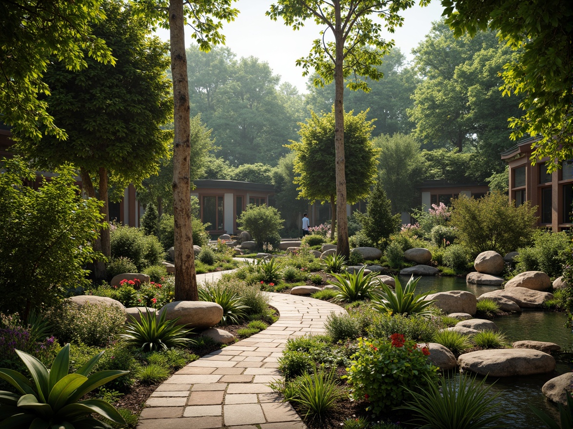 Prompt: Vibrant botanical garden, lush green foliage, exotic flowers, winding stone paths, tranquil water features, natural rock formations, earthy color palette, organic shapes, curved lines, soft warm lighting, shallow depth of field, 1/1 composition, realistic textures, ambient occlusion, serene atmosphere, peaceful ambiance.