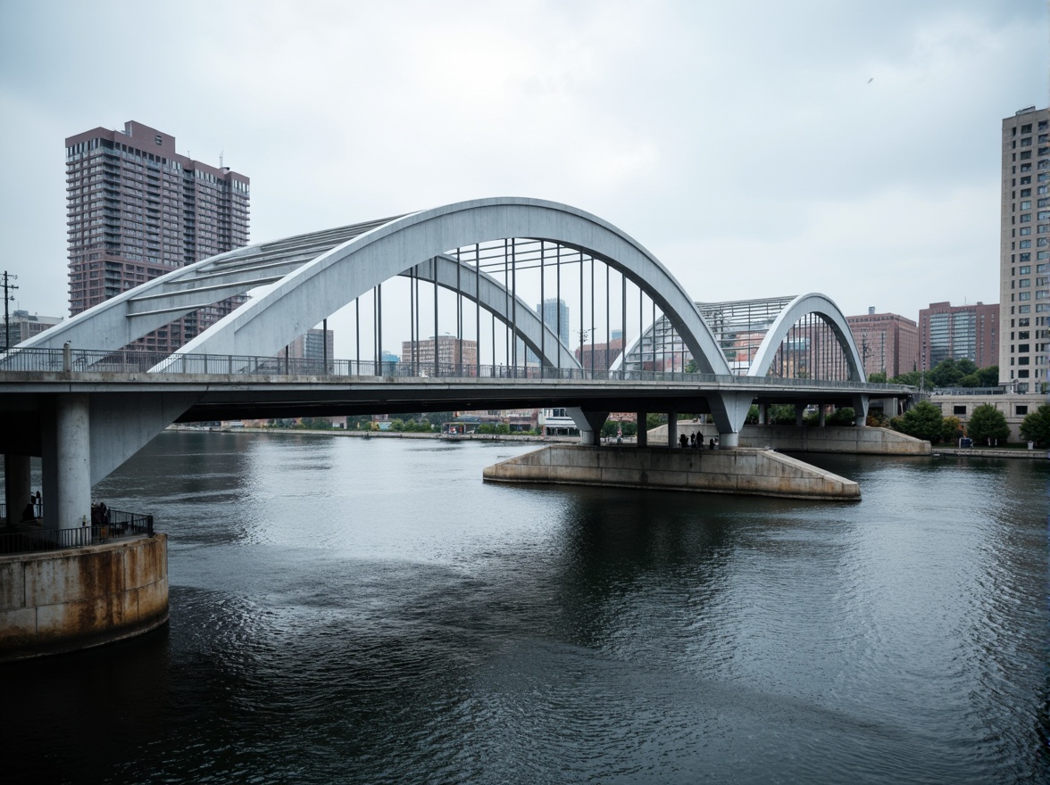 Prompt: Durable fibreglass bridge, modern infrastructure design, sleek arches, silver-grey colour, high-strength materials, corrosion-resistant coatings, weathered steel accents, reinforced concrete piers, suspension cables, scenic river views, urban cityscape, overcast sky, dramatic lighting, 1/1 composition, realistic reflections, ambient occlusion.