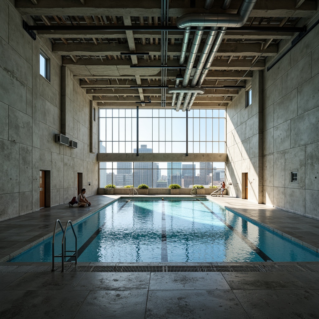 Prompt: Rugged concrete walls, exposed ductwork, industrial-style pipes, brutalist architecture, rectangular shapes, clean lines, minimal ornamentation, functional design, Olympic-sized swimming pool, diving boards, lane markers, pool decks, stainless steel railings, textured concrete floors, raw unfinished ceilings, large windows, natural light, urban landscape, cityscape views, modernist aesthetic, geometric patterns, bold color schemes, dramatic shadows, high-contrast lighting, 3/4 composition, symmetrical framing.